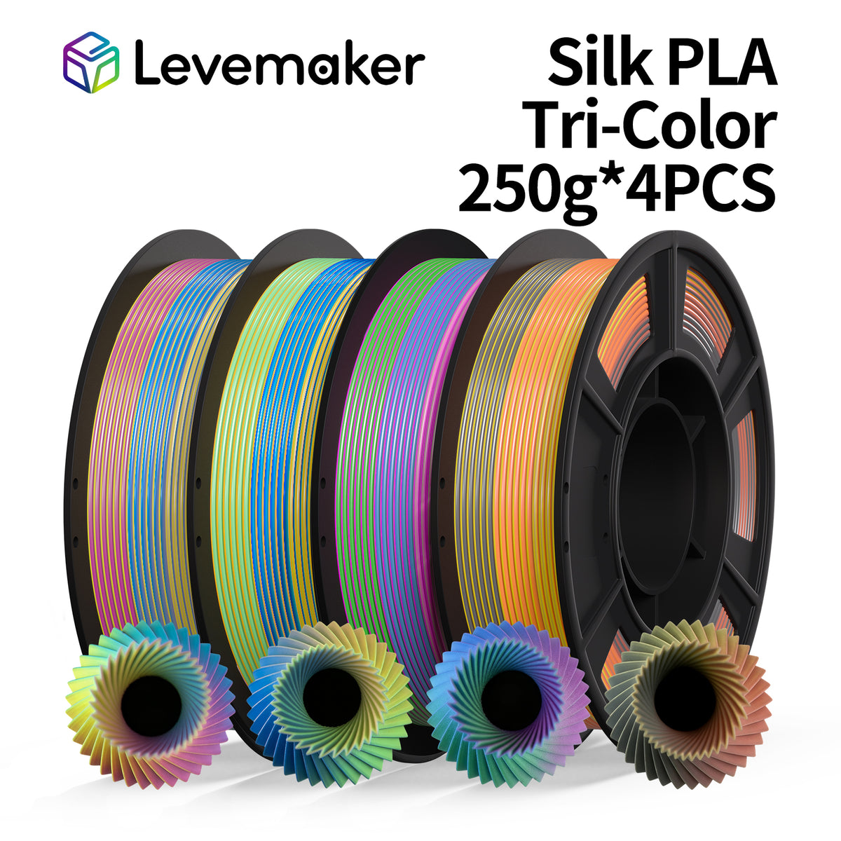 LEVEMAKER Tri-Color Silk PLA 3D Printing Filament 1.75MM 250G*4