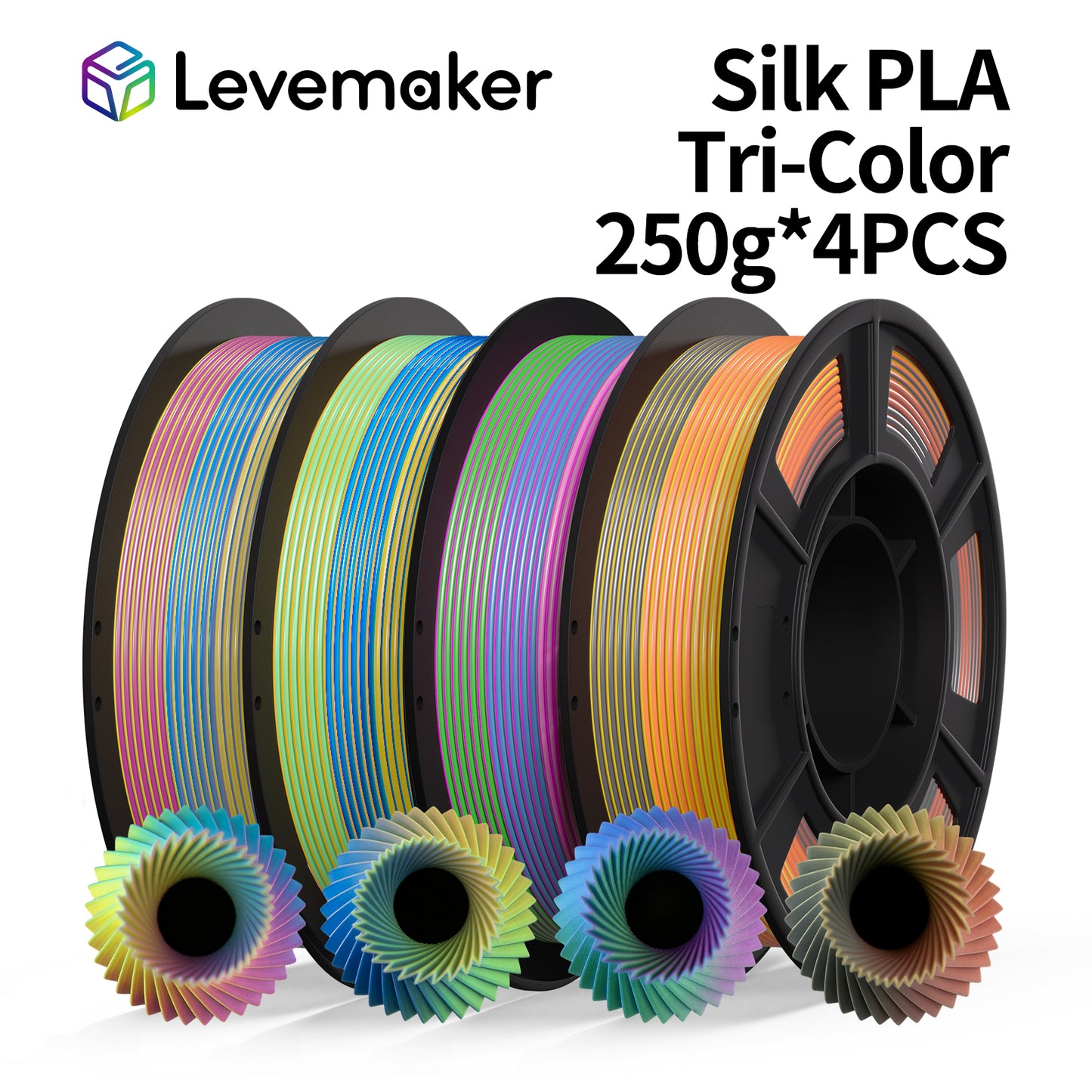 LEVEMAKER Tri-Color Silk PLA 3D Printing Filament 1.75MM 250G*4
